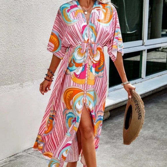 Frill Pearls Split Hem Batwing Sleeve Dress - Picture 5 of 5